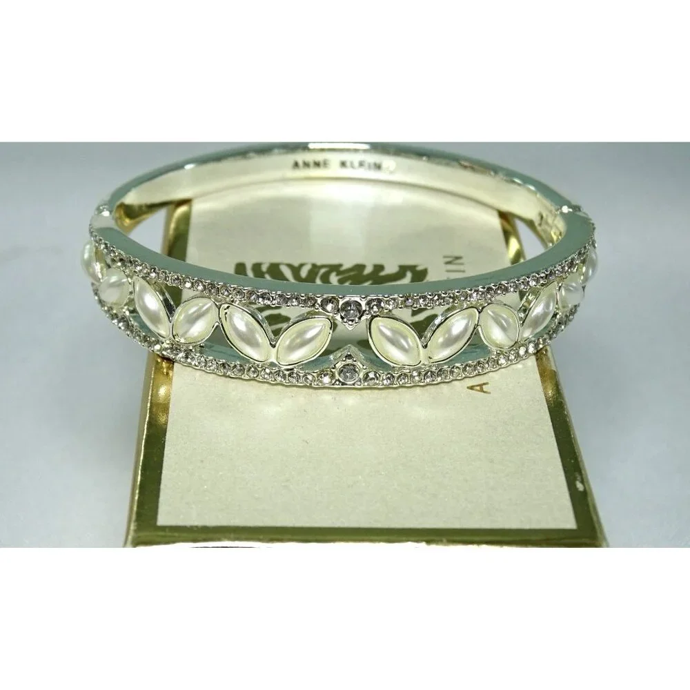 Anne Klein Silver-Tone Bangle Bracelet With Pearl & Crystal Accents Elegant Jewe